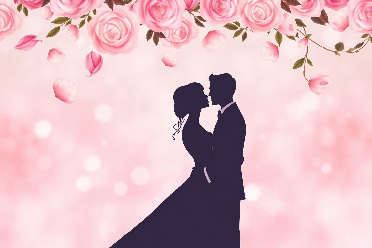Illustrated silhouette of a couple beneath falling rose petals